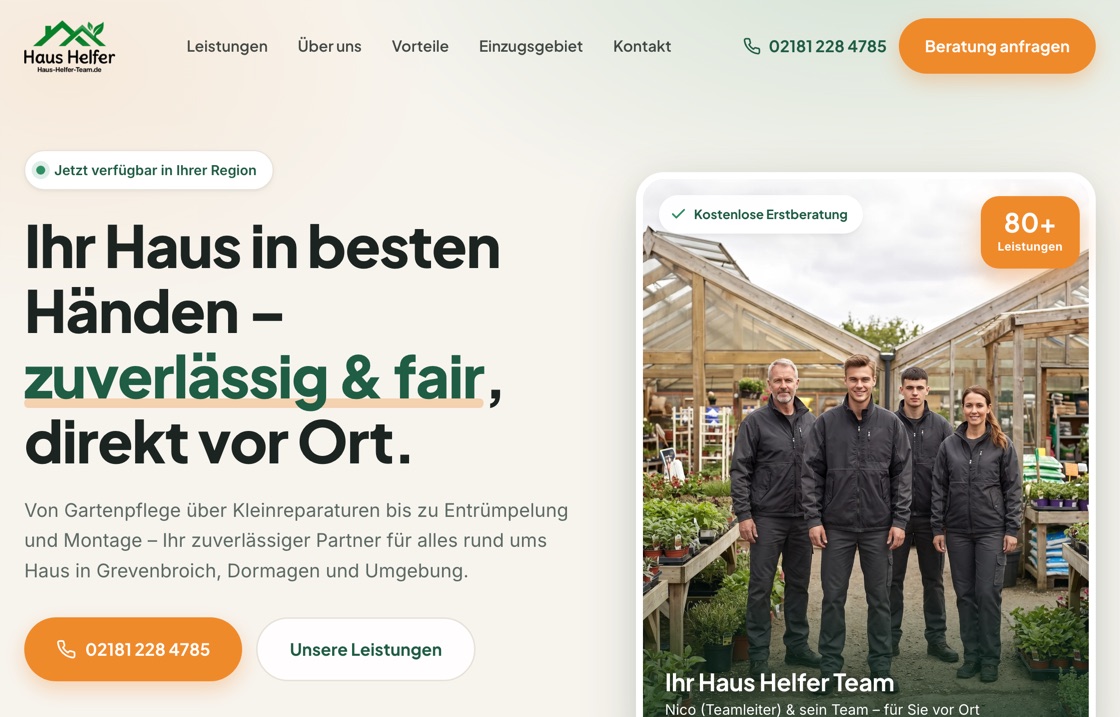 Von der Erste Wahl Webagentur gebaute Website: haus-helfer-team.de — Haus- und Gartenservice