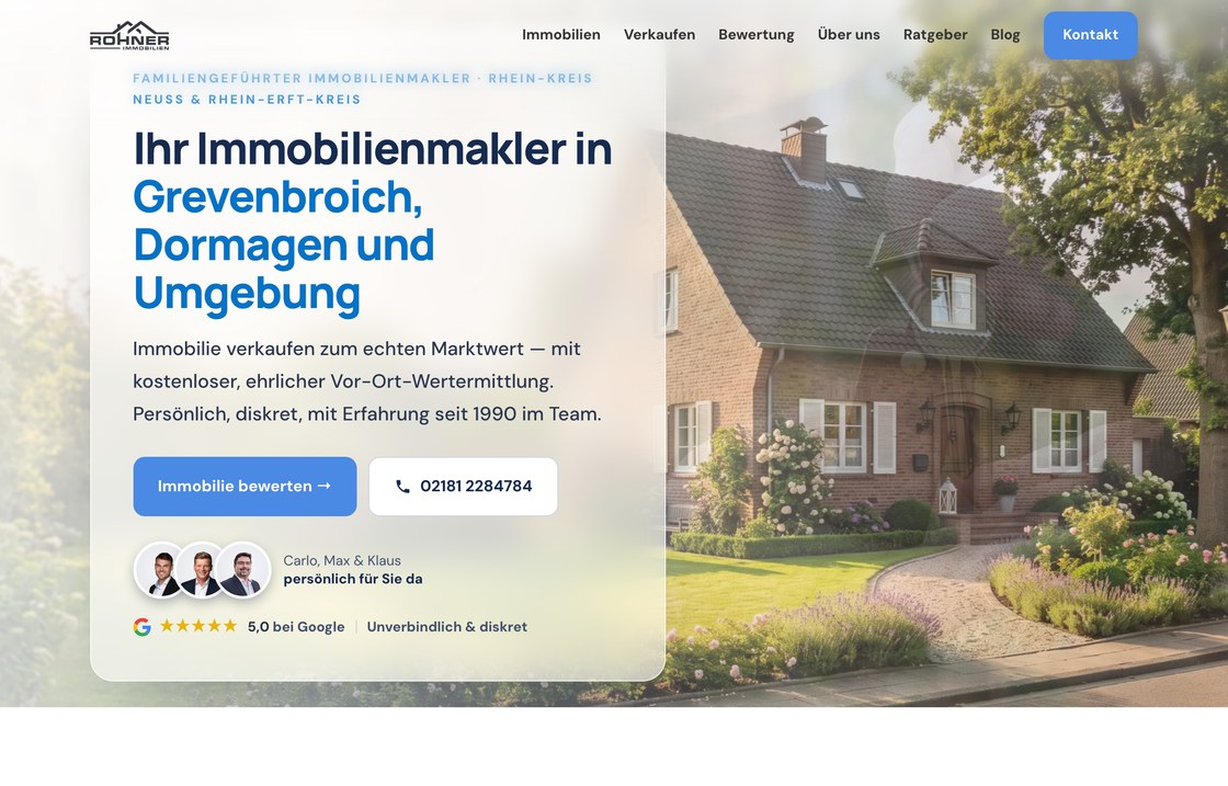 Von der Erste Wahl Webagentur gebauter Auftritt: rohnerimmobilien.de — Immobilienmakler im Rhein-Kreis Neuss